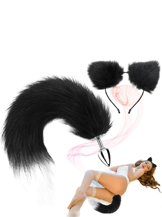 Stainless Steel Anal Butt Plug with Faux Silver Fox Tail and Ear